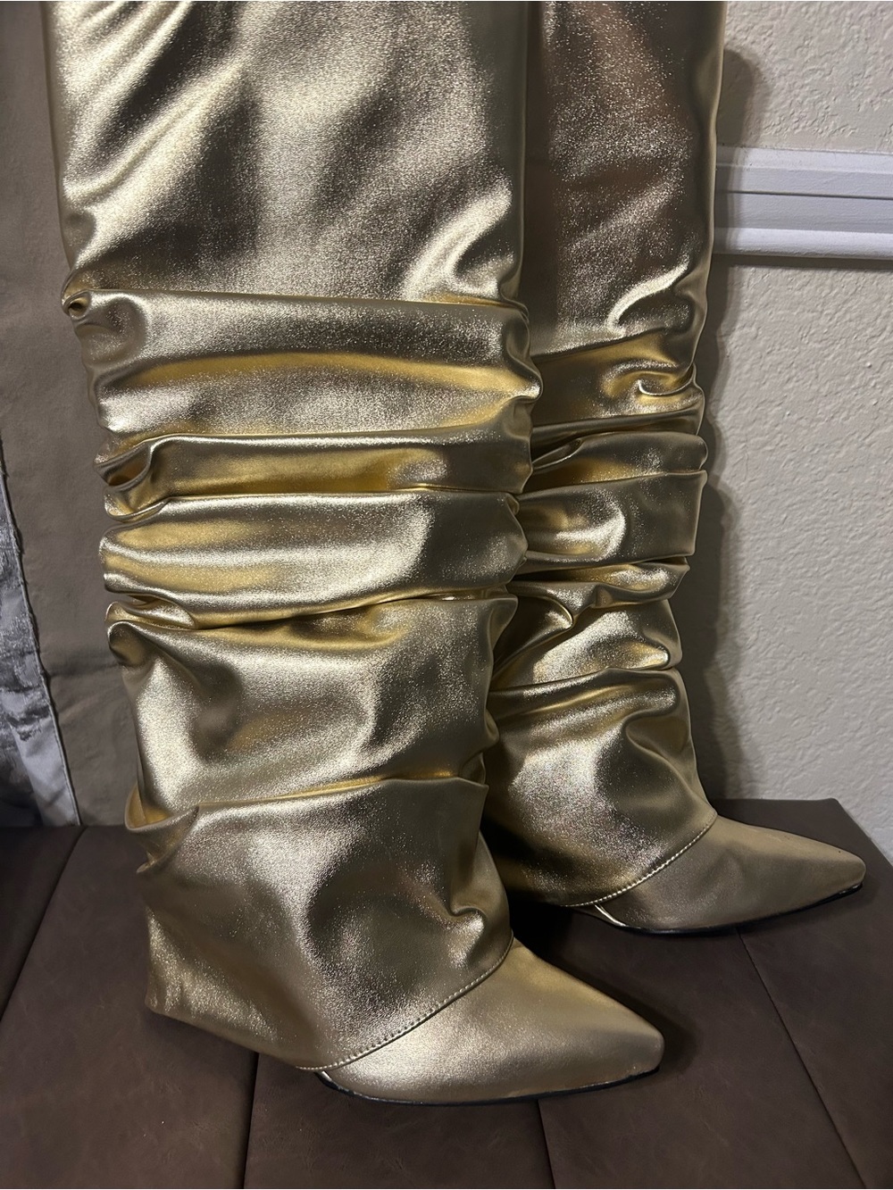 Azalea Wang Gold Metallic Ruched Wedge Knee Boot
